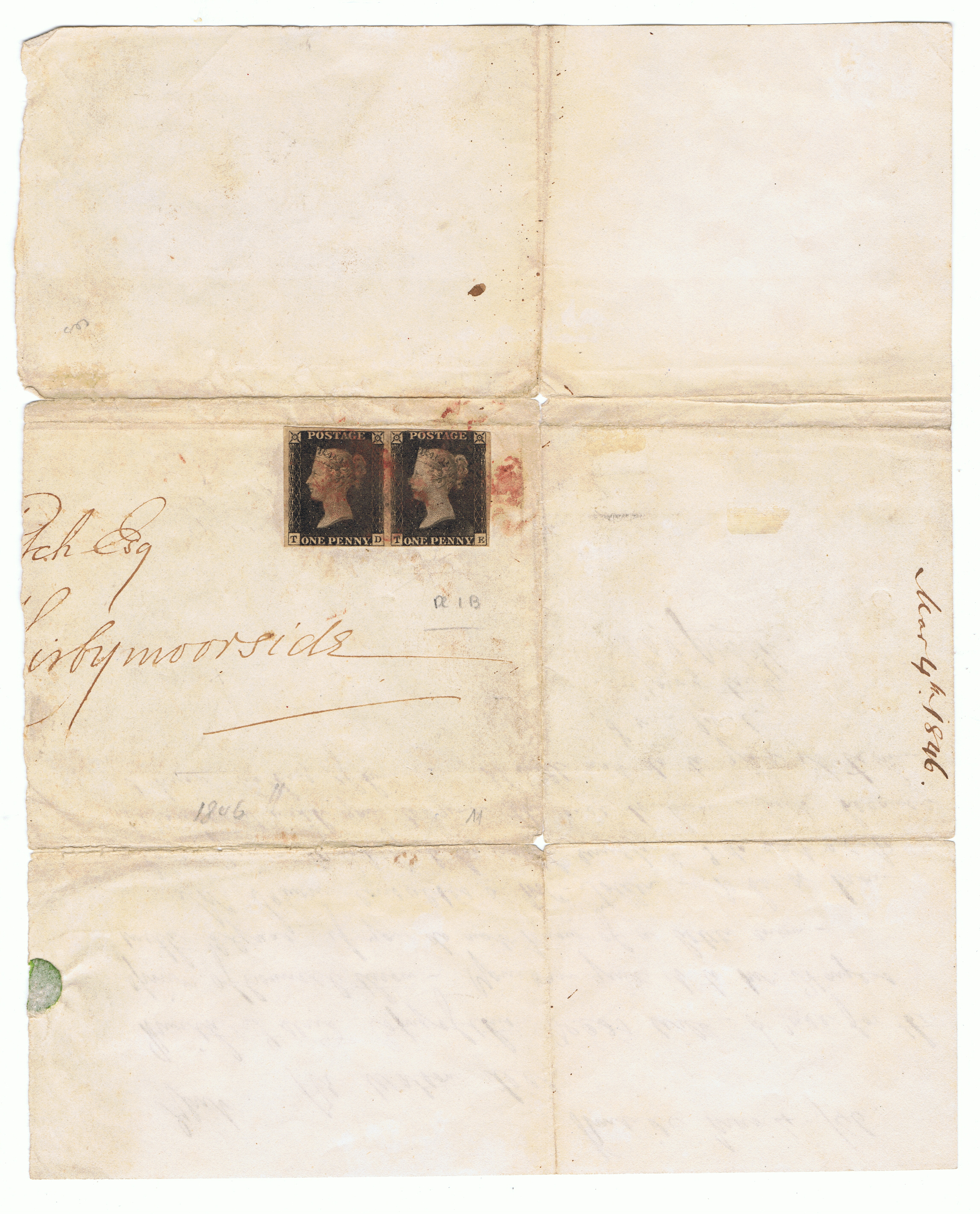 ancient handwritten 1846 letter and two rare ”one penny” stamps — image 2