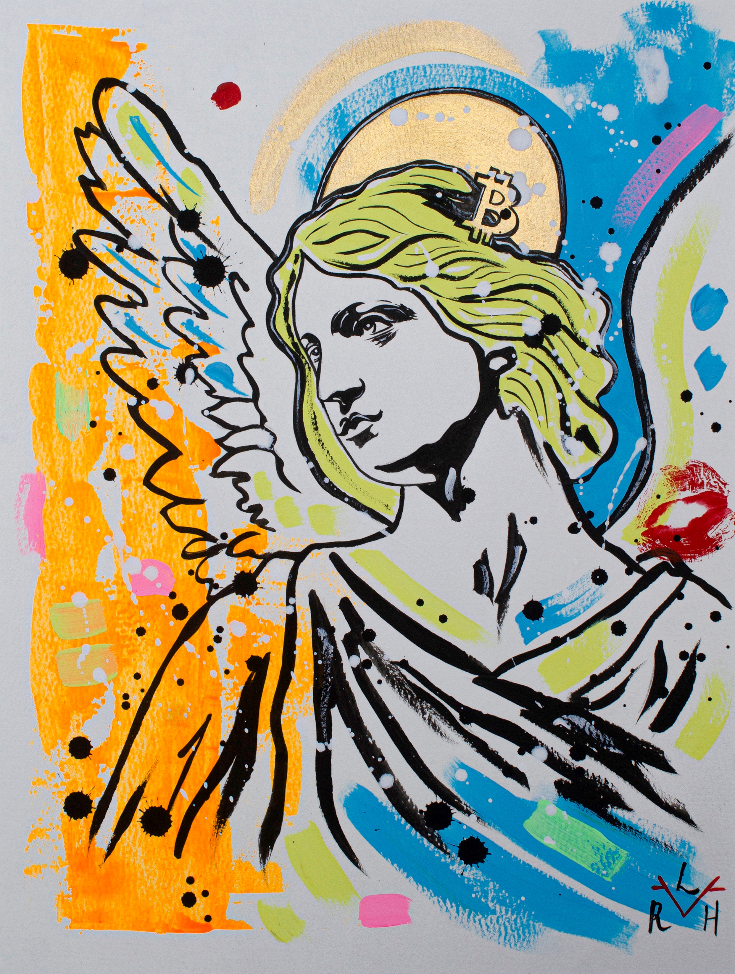 Bitcoin Angel — Orange, Blue & The Kiss -Original Painting — image 2