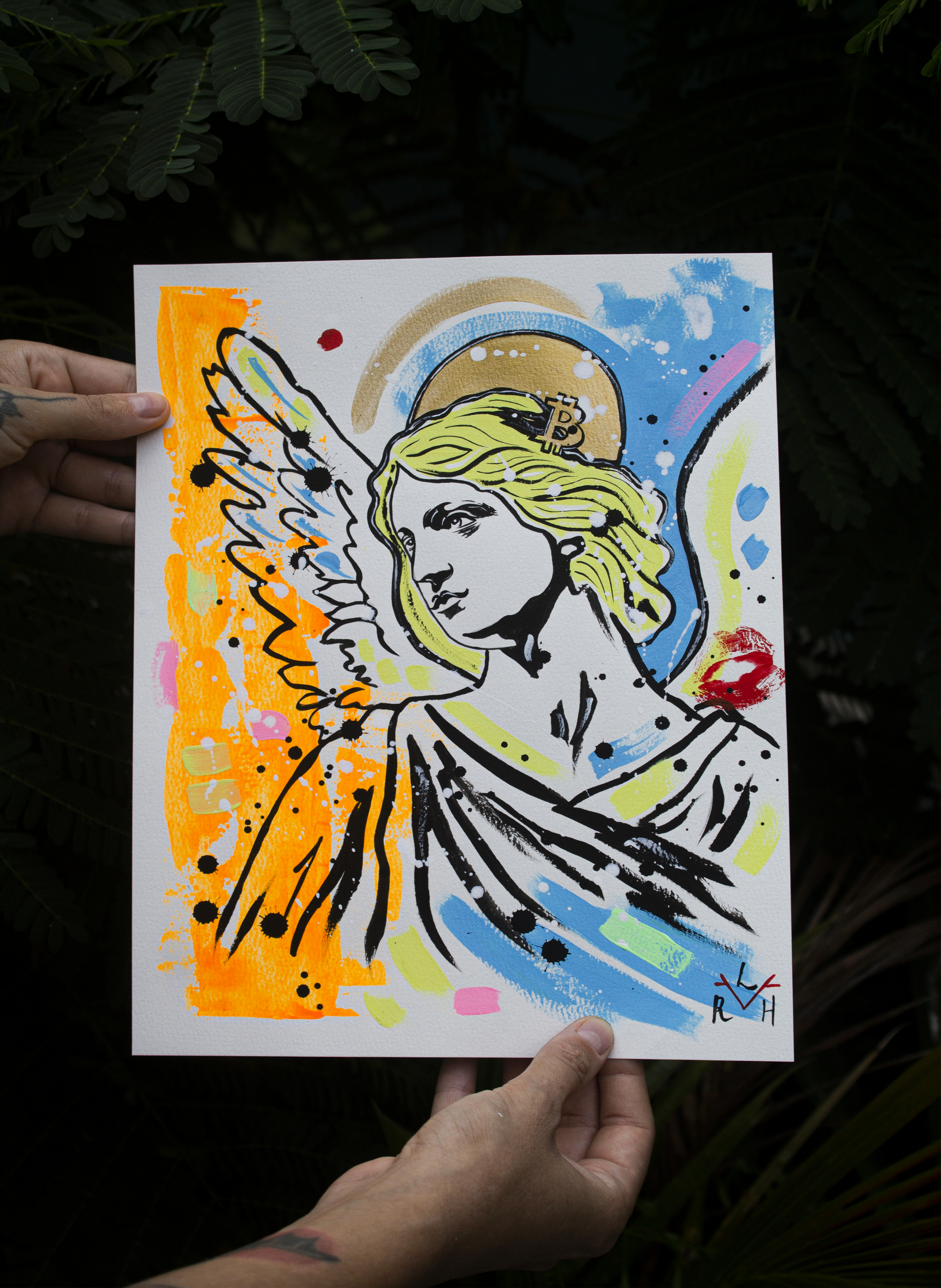 Bitcoin Angel — Orange, Blue & The Kiss -Original Painting — image 3